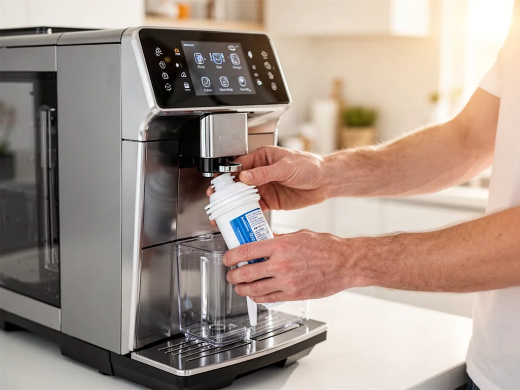Dłonie montujące nowy filtr wody w zbiorniku ekspresu do kawy Philips LatteGo w jasnej, nowoczesnej kuchni.