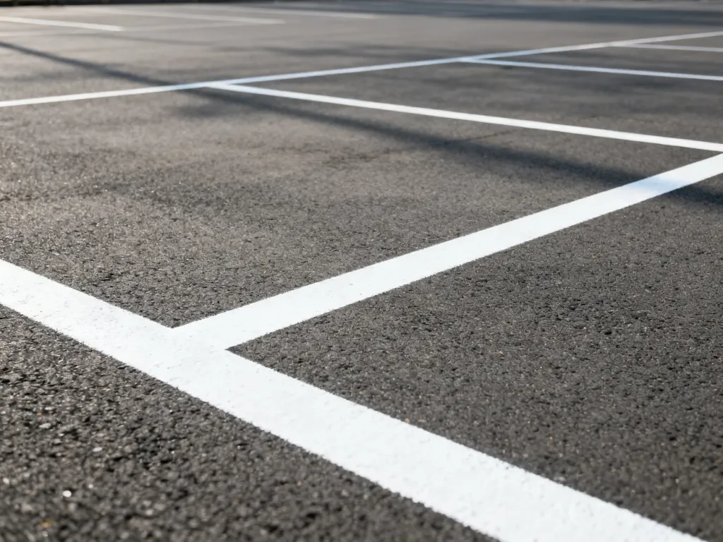 Pusty parking asfaltowy z wyraźnie namalowanymi białymi liniami wyznaczającymi miejsca postojowe.