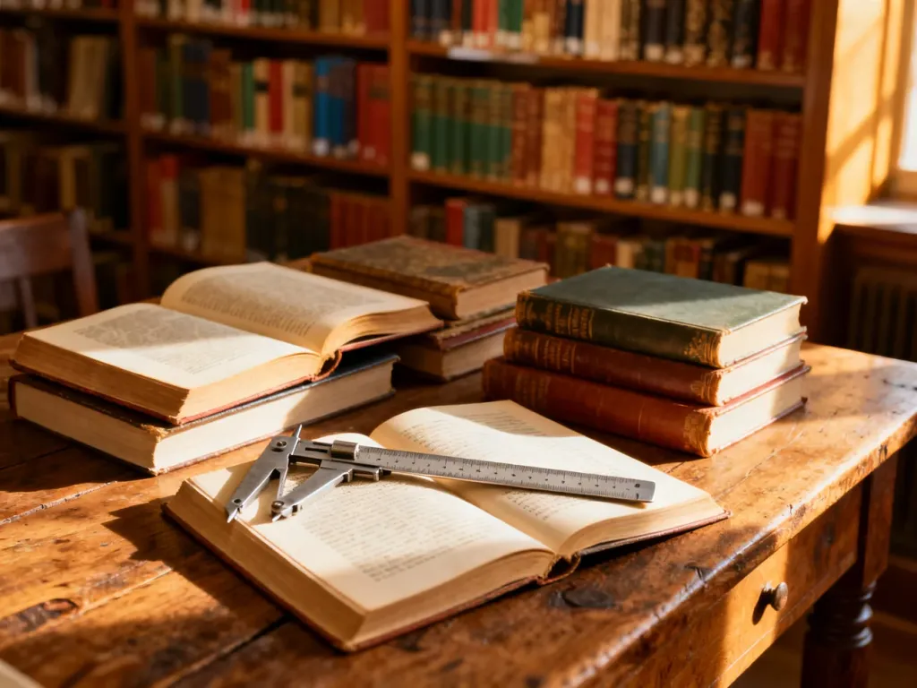 Metalowa linijka leżąca na otwartej książce, ilustrująca proces mierzenia formatów wydawniczych na tle biblioteki.