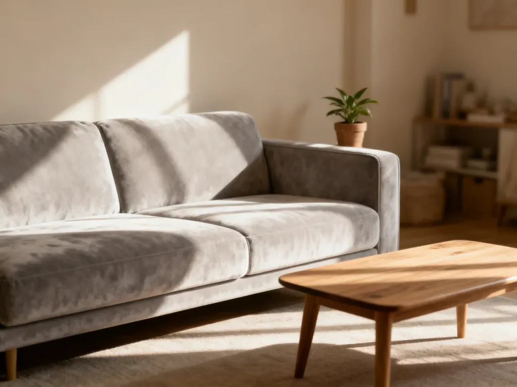 Jasnoszara, kompaktowa sofa z weluru w minimalistycznym salonie, idealna do niewielkich wnętrz.