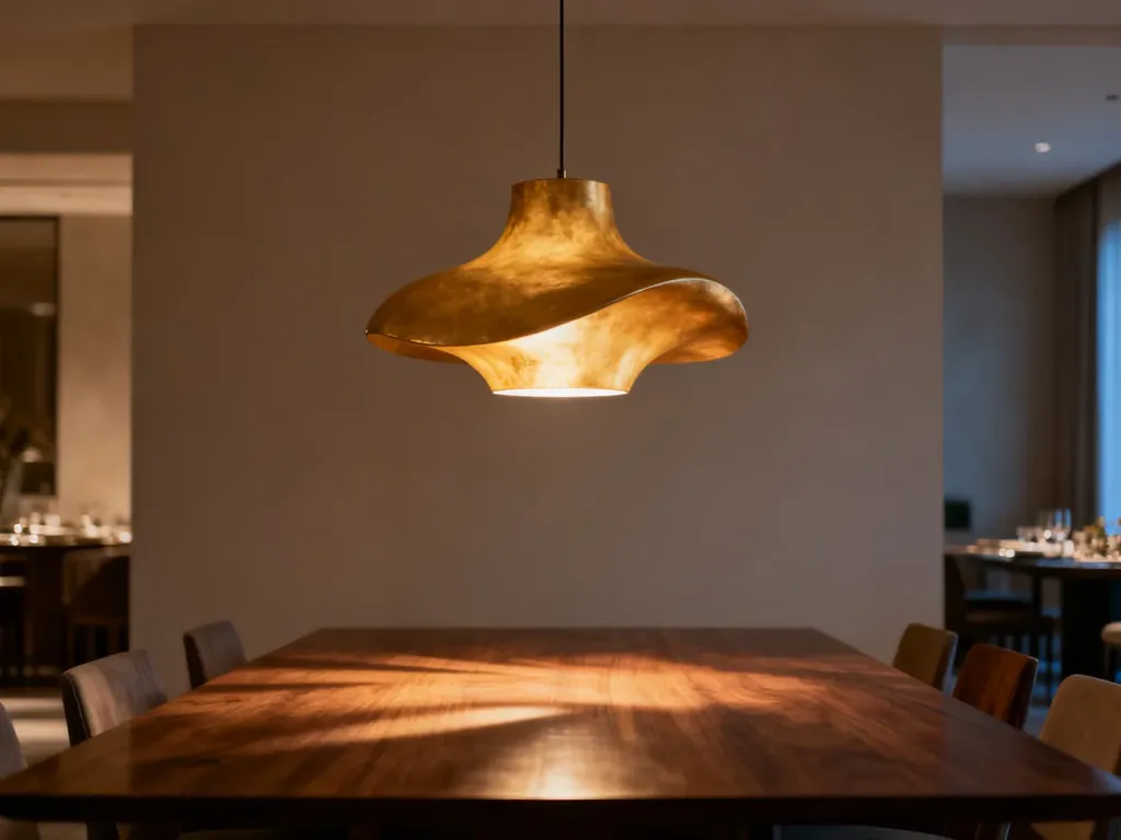 Nowoczesna, designerska lampa wisząca nad drewnianym stołem w jadalni, tworząca przytulny nastrój dzięki ciepłemu oświetleniu.