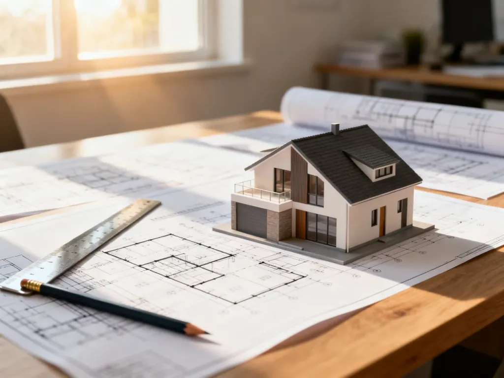 Projekt architektoniczny domu jednorodzinnego wraz z makietą 3D, linijką i ołówkiem na biurku.