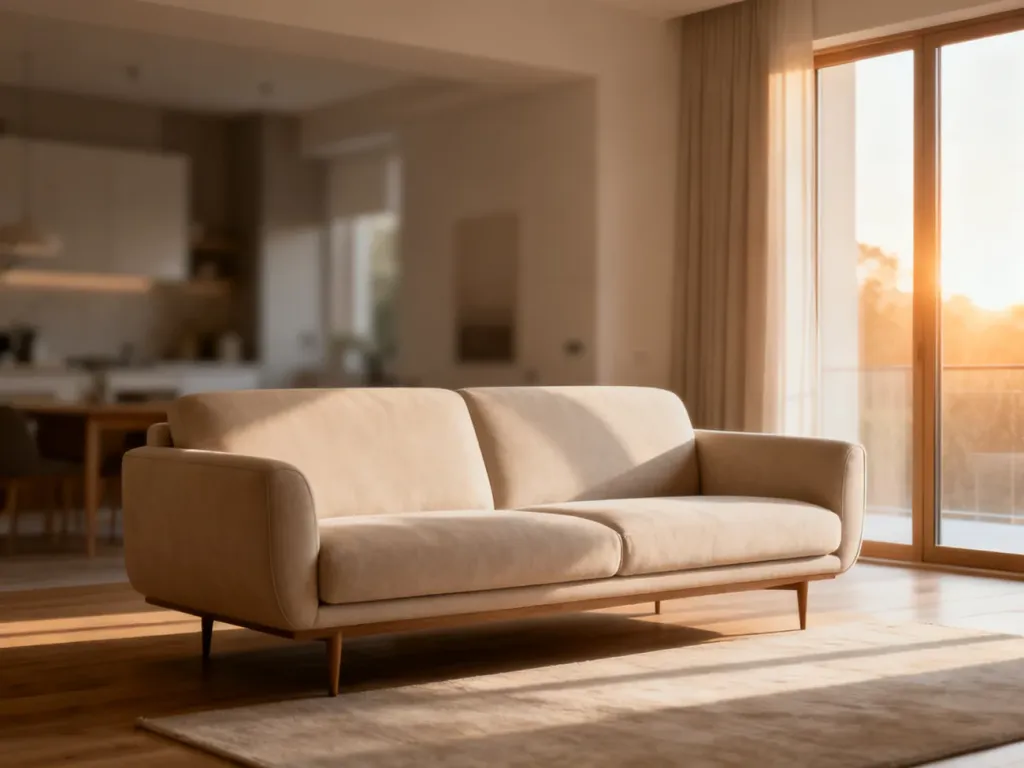 Nowoczesna, elegancka sofa w jasnym salonie, prezentująca minimalistyczny styl wnętrza.
